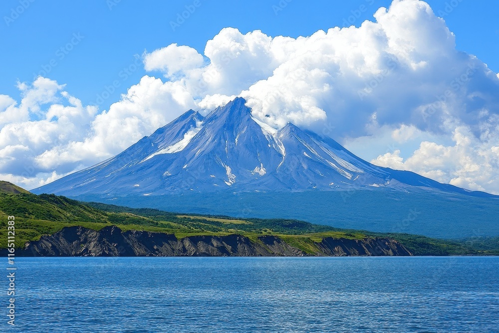 Majestic Volcano Rises Above Sparkling Blue Waters Under a Clear Sky With Fluffy Clouds During a Sunny Day Majestic Volcano Rises Above Sparkling Blue Waters Under a Clear Sky With Fluffy Clouds During a Sunny Day