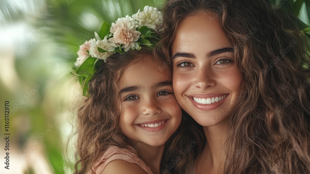 Smiling caucasian woman and child with curly hair and flower crown in natural setting. Happy mother's day Smiling caucasian woman and child with curly hair and flower crown in natural setting. Happy mother's day