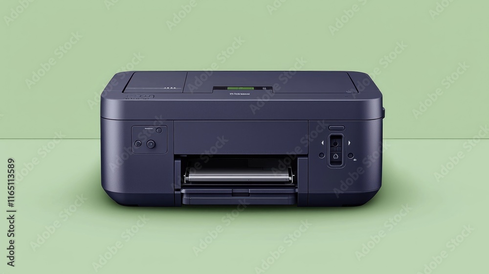 A compact printer displayed on a green background. A compact printer displayed on a green background.