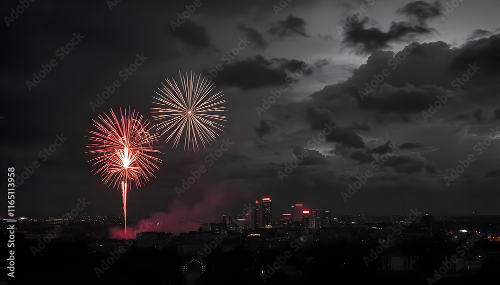 Night City Fireworks: Dramatic Red Explosions against a Dark Sky Night City Fireworks: Dramatic Red Explosions against a Dark Sky