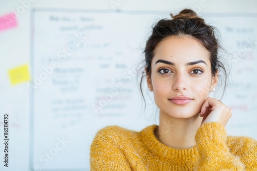 Focused Indian Woman in Cozy Classroom Setting During Winter Study Session photo