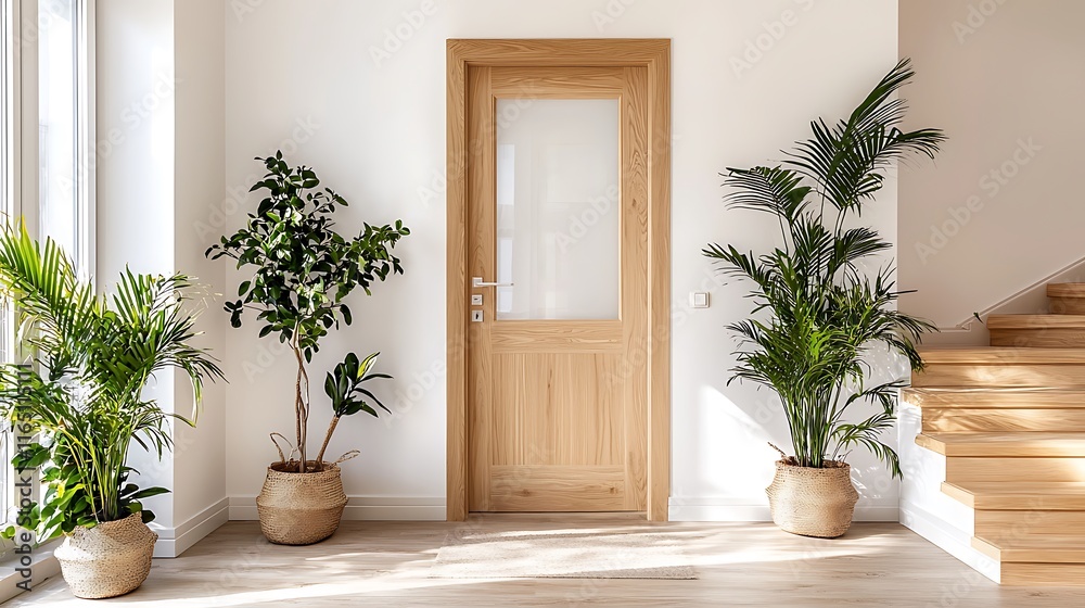 Bright interior hallway with wooden door, stairs, and potted plants. Bright interior hallway with wooden door, stairs, and potted plants.