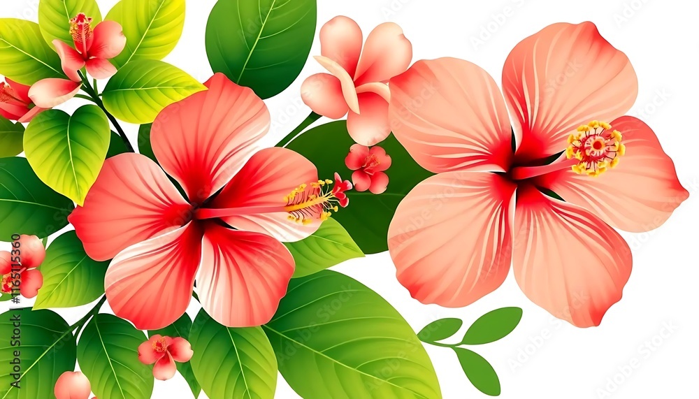 Fototapeta premium Vibrant Hibiscus Flowers and Lush Green Leaves