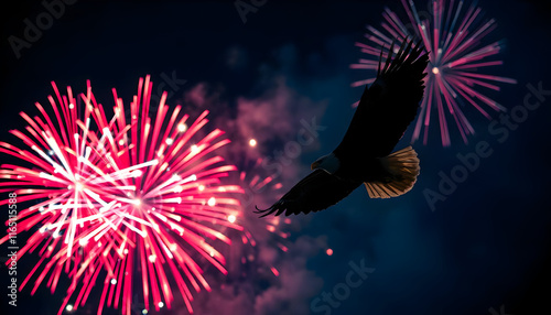 Majestic Eagle Soaring Amidst Vibrant Fireworks Display photo