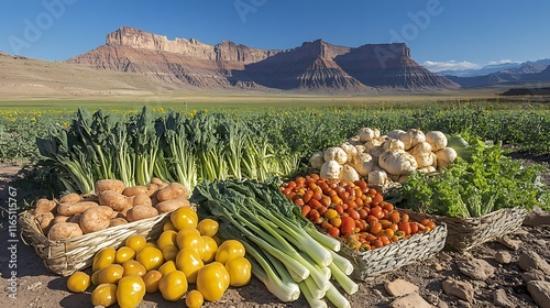 Freshly harvested vegetables displayed in baskets against a stunning desert mountain backdrop.
