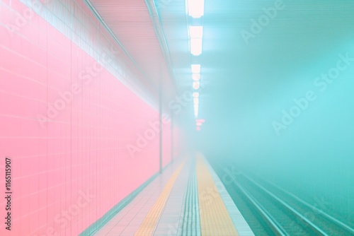 Pastel Urban Train Station with Ethereal Light and Misty Atmosphere