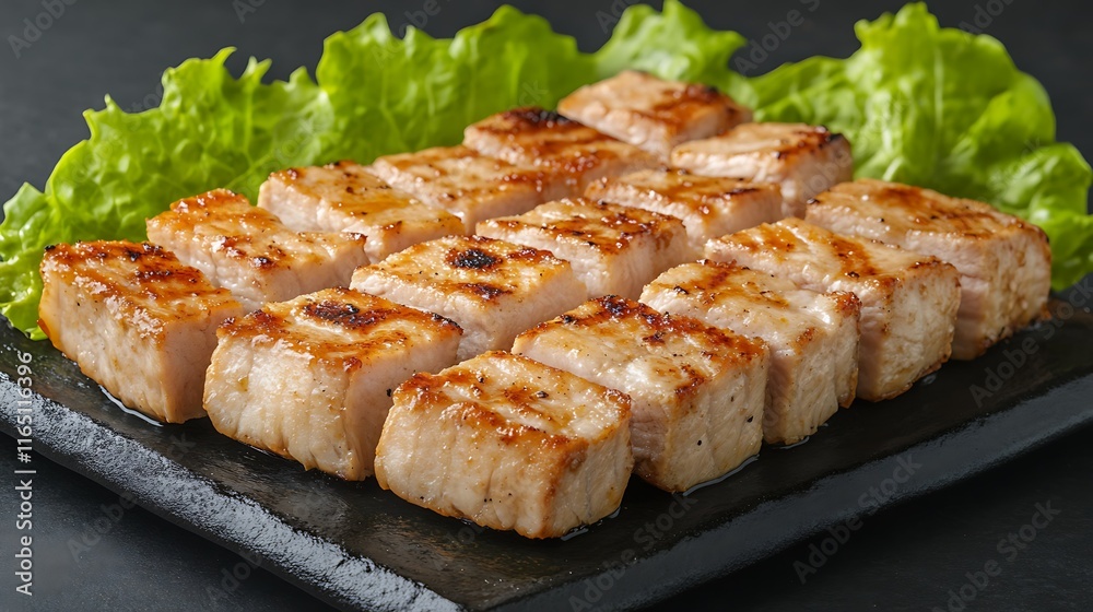 Grilled pork cubes arranged on a dark slate plate, garnished with lettuce. Grilled pork cubes arranged on a dark slate plate, garnished with lettuce.
