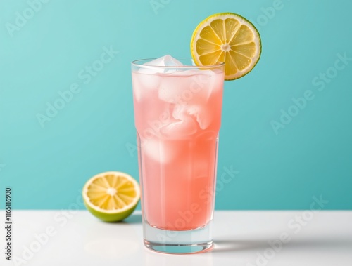 A vibrant pink lemonade glass with ice cubes and garnished with a lime slice, placed on a white table against a stylish teal background.