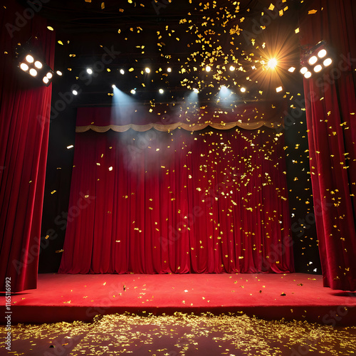 Realistic curtains stage composition with front view of theatrical stage with spot of light and backdrop vector illustration
