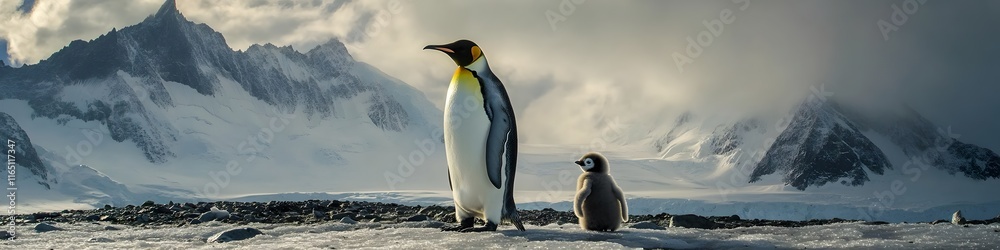 Obraz premium Wide-angle shot of an emperor penguin and its chick, with vast snowy plains and jagged peaks in the background, in 4K resolution