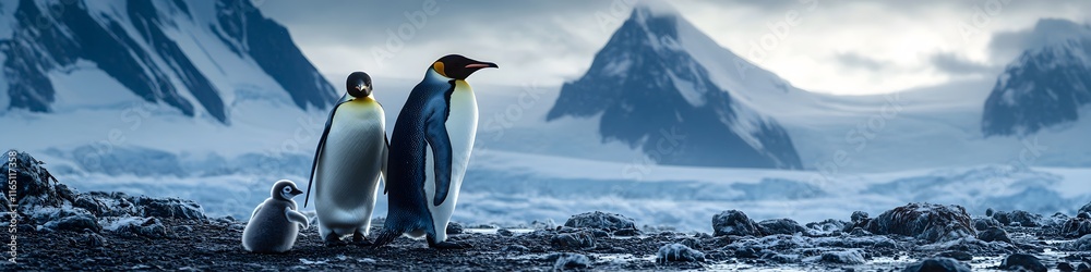 Obraz premium Wide-angle shot of an emperor penguin and its chick, with vast snowy plains and jagged peaks in the background, in 4K resolution