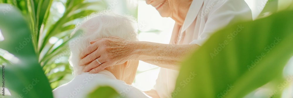 Naklejka premium Elderly Care and Comfort in a Sunlit Garden
