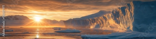 Wide shot of a dramatic Antarctic sunset with golden light illuminating towering ice cliffs and distant mountains, in 4K resolution