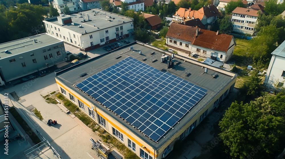 Aerial View of Building with Solar Panels Aerial View of Building with Solar Panels