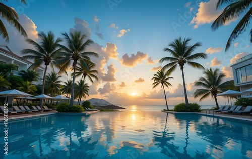 Hotel pool area features infinity pool with cabanas and sunset view 