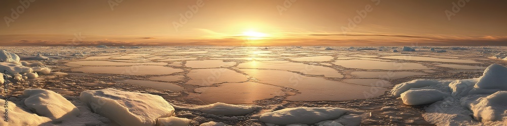 Obraz premium Panoramic view of the Larsen Ice Shelf glowing under the golden light of summer, with intricate cracks and shadows creating depth, in 4K resolution