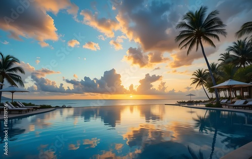 Hotel pool area features infinity pool with cabanas and sunset view 