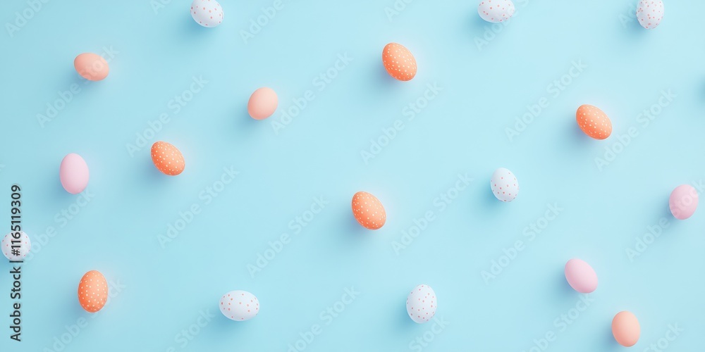 Pastel Easter Eggs on Blue Background in Minimalist Style Pastel Easter Eggs on Blue Background in Minimalist Style