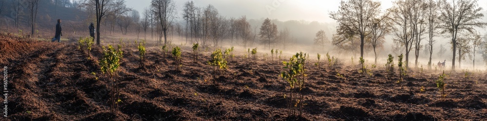 Misty Reforestation Scene with Volunteer Effort on a Winter Hillside