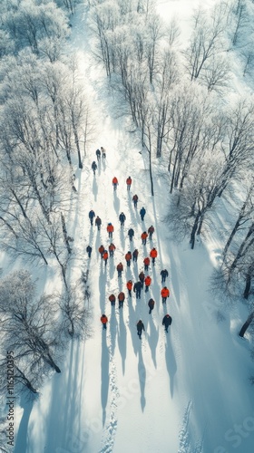 Aerial View of People in Red and Black Amidst Snow-Covered Forest photo