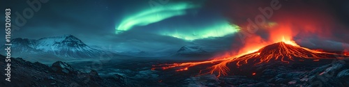 Panoramic view of the Northern Lights swirling above a volcanic eruption in Iceland, with glowing lava creating a stark contrast, in 4K resolution