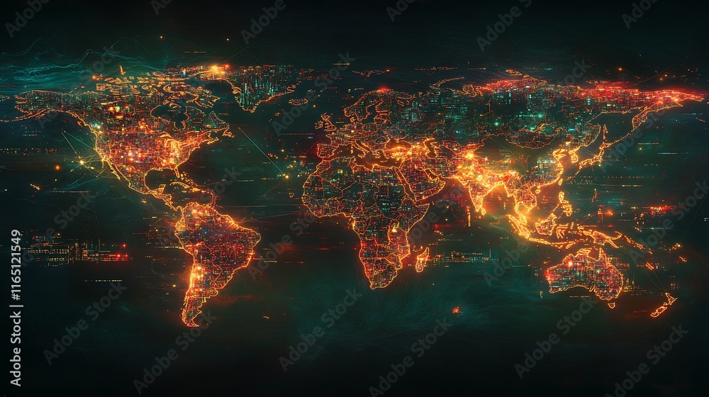 A conceptual digital world map with cascading streams of glowing data, pulsating nodes highlighting major cities, intricate cyber gridlines, and sharp neon lighting effects, A conceptual digital world map with cascading streams of glowing data, pulsating nodes highlighting major cities, intricate cyber gridlines, and sharp neon lighting effects,