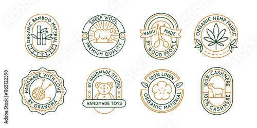 Material and textile logos, labels, icons. A set of 8 material logotypes. Wool, handmade, cotton, sheep wool, cashmere. Ideal for fashion and textile production. Vector illustration