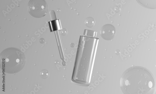 3D Render of Transparent Serum Bottle with Dropper and Bubbles on a Minimal Gray Background