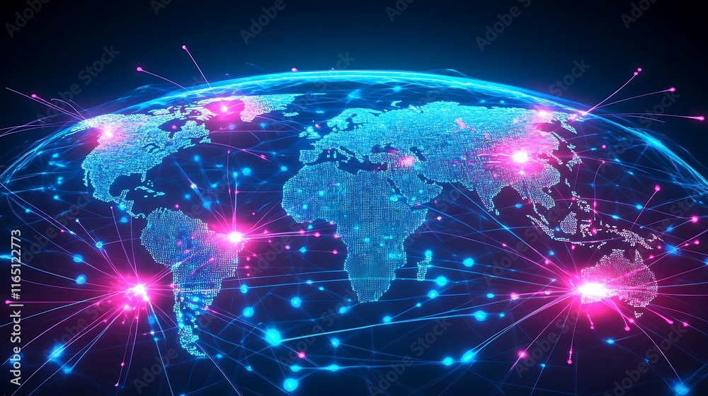 Fototapeta premium A conceptual global map showing AI-driven data flows, luminous streams of light connecting glowing data nodes across continents, surrounded by digital holographic analytics, high-tech design,