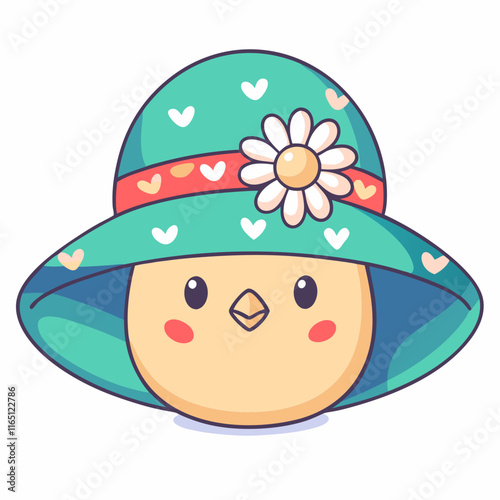 Easter celebration with cute cartoon chick in floral hat spring festival cheerful vibe whimsical style