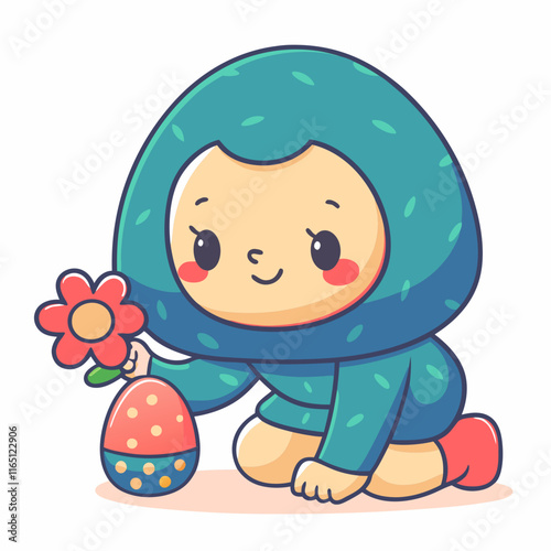 Easter celebration with cute cartoon child holding flower and egg cheerful environment whimsical viewpoint