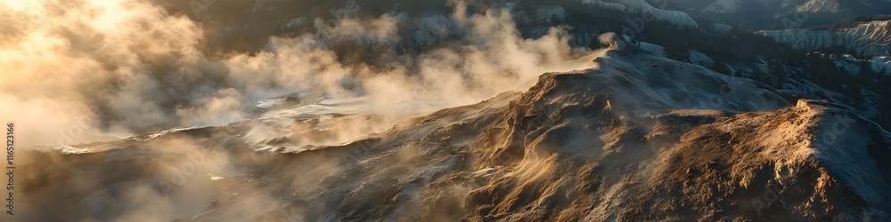 Aerial panorama of the Valley of Geysers surrounded by towering cliffs and dynamic steam clouds glowing under golden hour light, in 4K resolution Aerial panorama of the Valley of Geysers surrounded by towering cliffs and dynamic steam clouds glowing under golden hour light, in 4K resolution