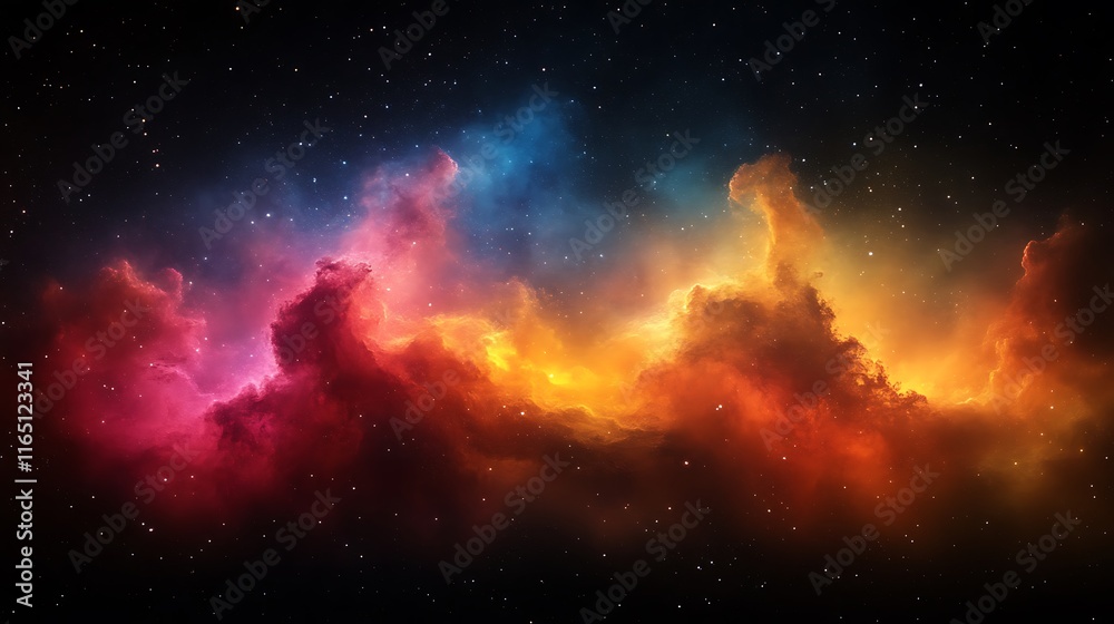 Fototapeta premium Cosmic Nebula Displays Vibrant Red Orange And Blue Hues