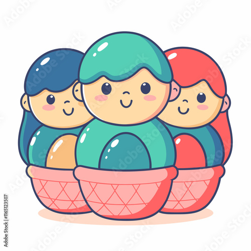 Cute easter egg hunt scene with adorable characters spring theme cartoon style whimsical setting playful concept