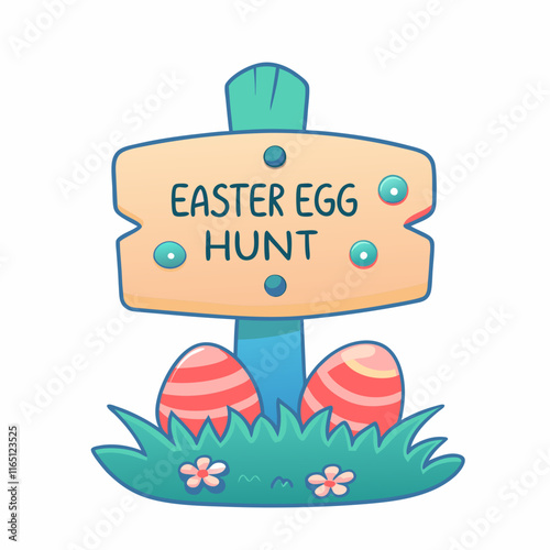 Easter egg hunt signpost outdoor garden cute cartoon style vibrant colors playful concept for easter celebrations