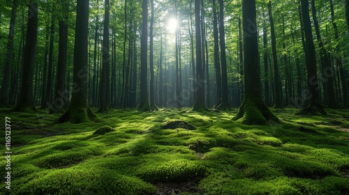 Sunlit forest path with lush green moss covering the ground.