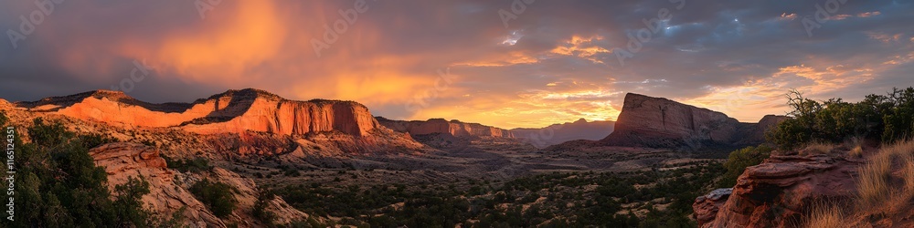Naklejka premium Panoramic view of The Wave s sandstone formations glowing under fiery sunset hues, with rugged cliffs and desert vegetation creating a cinematic backdrop, in 4K resolution