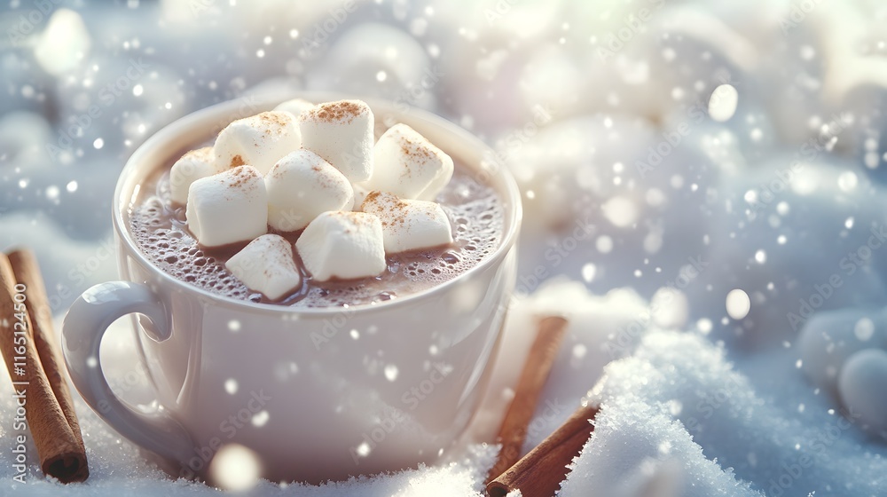 Fototapeta premium Warm Cocoa Drink with Marshmallows in Winter Snow