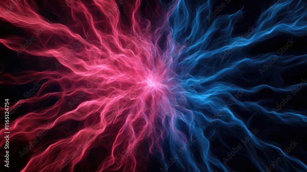 Fototapeta premium Fireworks abstract background idea. Vibrant energy waves in pink and blue radiating against a dark backdrop, symbolizing motion.