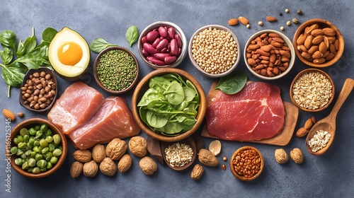 Wallpaper Mural Flatlay of healthy food fish, meat, beans, nuts, seeds, vegetables. Torontodigital.ca