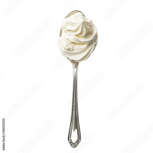 Silver spoon with sour cream, isolated on a white background, high-resolution, simple minimalistic style, no shadows. photo