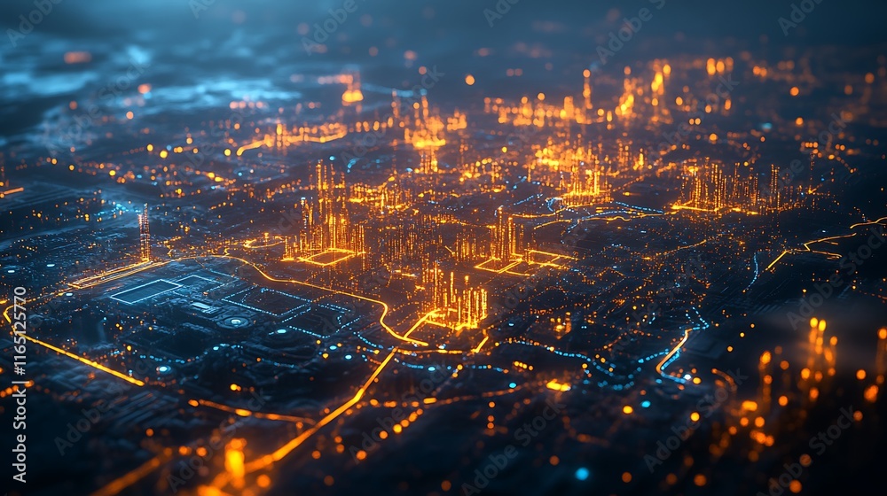 A detailed 3D global map visualizing the tech ecosystem, with glowing connection lines, pulsating nodes at key hubs, futuristic holographic data panels, and electric hues of blue and gold, A detailed 3D global map visualizing the tech ecosystem, with glowing connection lines, pulsating nodes at key hubs, futuristic holographic data panels, and electric hues of blue and gold,
