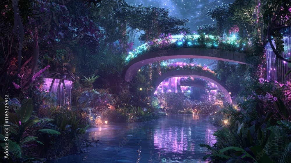 Obraz premium Tranquil Night in a Quantum-Infused Botanical Garden - Futuristic Concept Artwork
