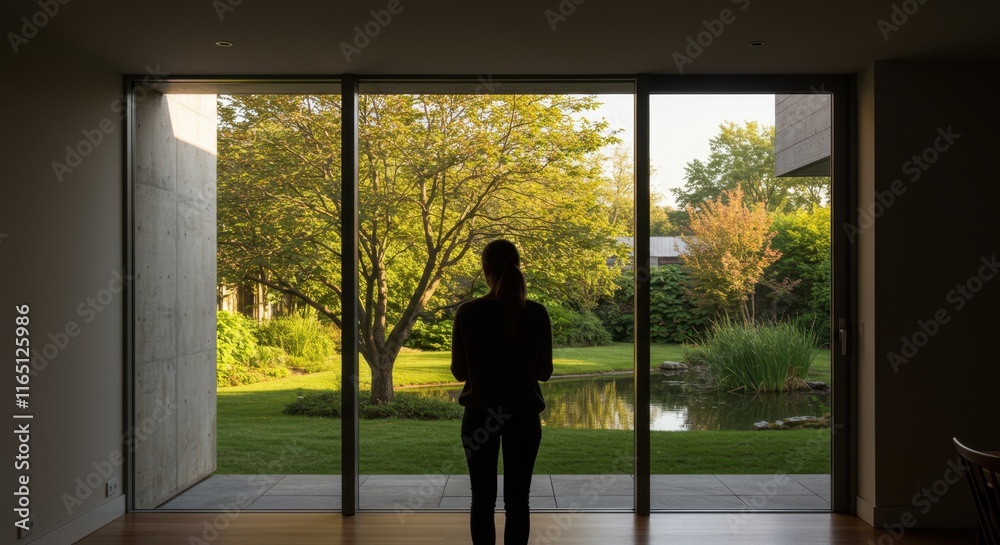 Contemplative moment by modern home window with scenic garden view Contemplative moment by modern home window with scenic garden view