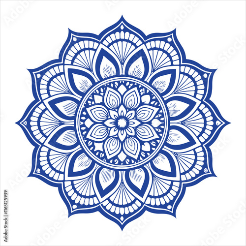 Top view of a ceramic plate showcasing a detailed floral mandala design in vibrant orange and teal colors, isolated on white background.