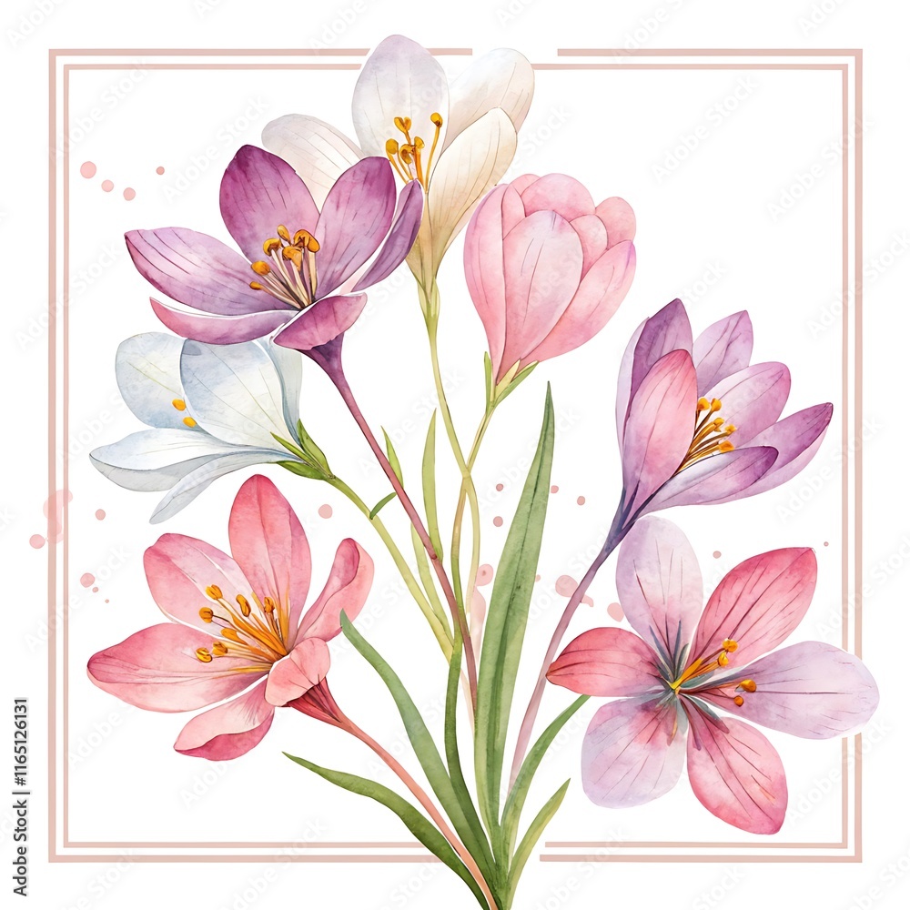Fototapeta premium colorful crocus flowers watercolor illustration-watercolor illustration of blooming crocus flowers in vibrant shades of purple, pink, yellow, and white, symbolizing spring, beauty, and renewal. 