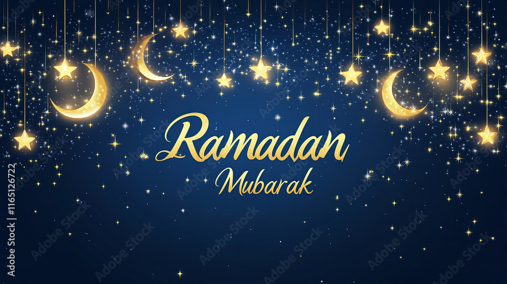 Fototapeta premium Ramadan Banner with Oriental Lanterns and Crescent Moon on Night Blue Background