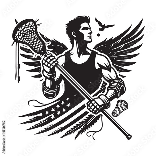 Lacrosse Silhouette Vector Illustration, Solid White Background.