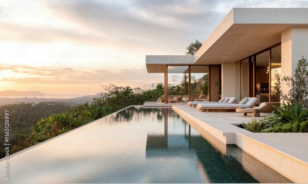 Obraz premium Luxurious Modern Villa Overlooking Scenic Sunset with Infinity Pool