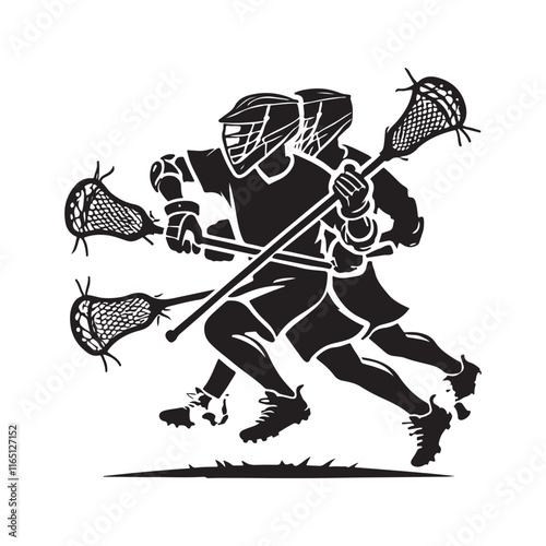 Lacrosse Silhouette Vector Illustration, Solid White Background.